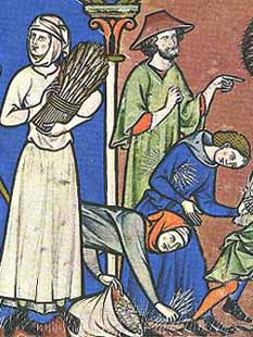 Frauen in bäuerlicher und Alltagskleidung in der Maciejowski-Bibel; Frankreich um 1250