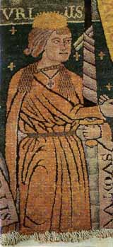 Figur des Mercurius auf dem Quedlinburger Knüpfteppich (um 1200) - Mantel mit Tasselband und Kragen 